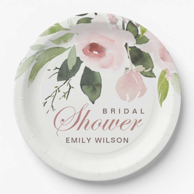 SUBTITEL WASSER BLUSH PINK ROSE FLORAL BRAUTPARTY PAPPTELLER (Vorderseite)