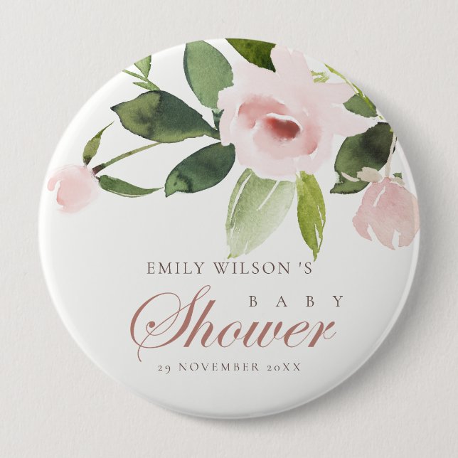 SUBTLE BLUSH PINK ROSE FLORAL BABY DUSCHE BUTTON (Vorderseite)
