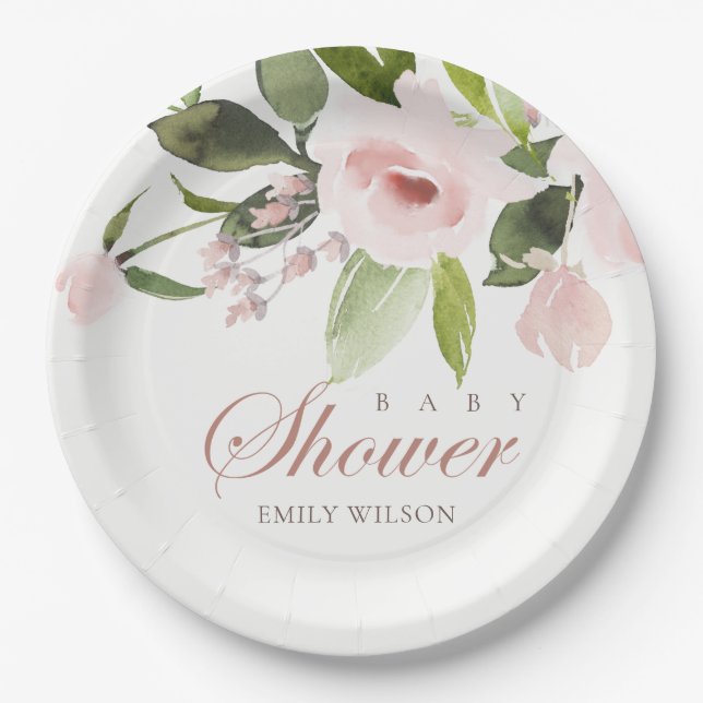 SUBTLE BLUSH PINK ROSE FLORAL BABY DUSCHE PAPPTELLER (Vorderseite)