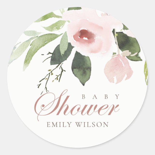 SUBTLE BLUSH PINK ROSE FLORAL BABY DUSCHE RUNDER AUFKLEBER (Vorderseite)