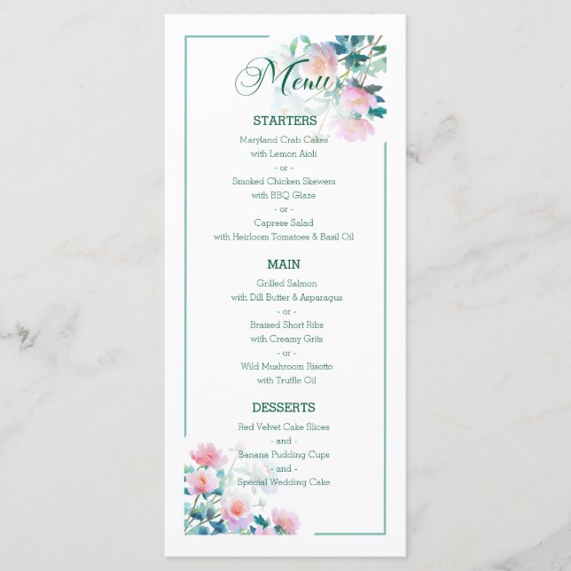 Subtle Botanical Blush Pink Peony Flowers Wedding Menükarte (Vorderseite)