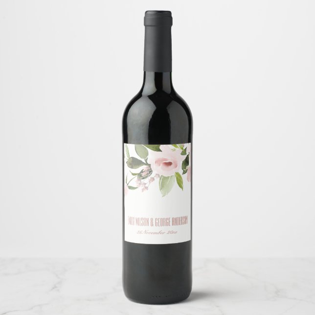 SUBTLE FARBWASCHE BLUSH PINK FLORAL WEDD WEINETIKETT (Vorderseite)