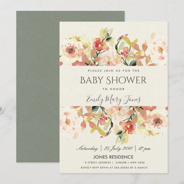 SUBTLE PEACH PINK WATERCOLOR BLUMBABY DUSCHE EINLADUNG (Vorne/Hinten)