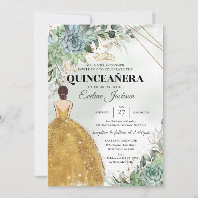 Succulage foliage gold Princess Dress Quinceanera Einladung (Vorderseite)