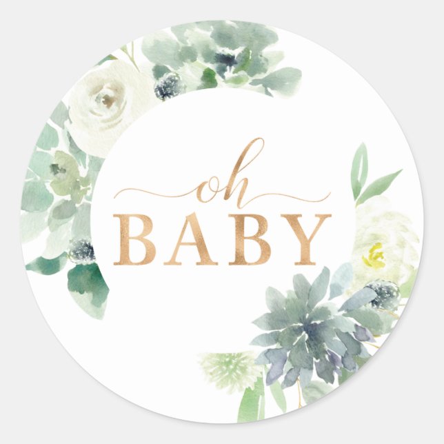 Succulent and Greenery Oh Babyaufkleber Runder Aufkleber (Vorderseite)