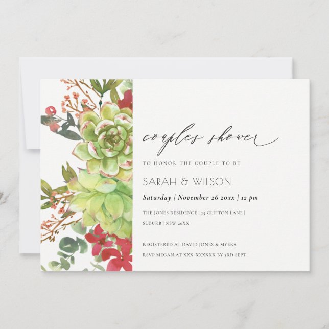Succulent Cactus Rouge Floral Couples Invitation d (Devant)