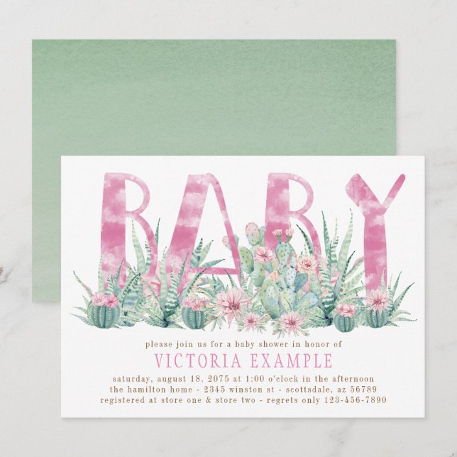 Succulent Cactus Watercolor Baby Girl Shower Einladung (Vorne/Hinten)