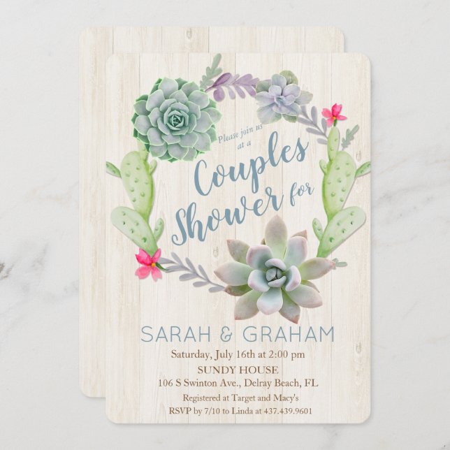 Succulent Cactus Wreath Couples Shower Invitation (Devant / Derrière)