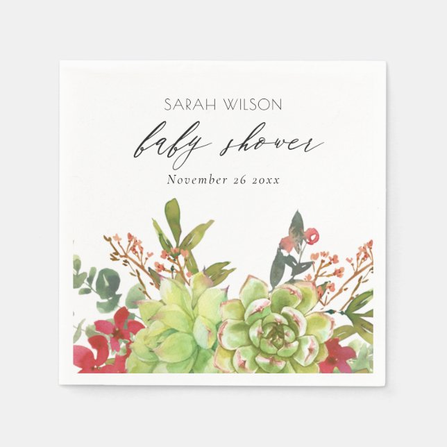 Succulent Desert Cactus Red Floral Baby Shower Serviette (Vorderseite)