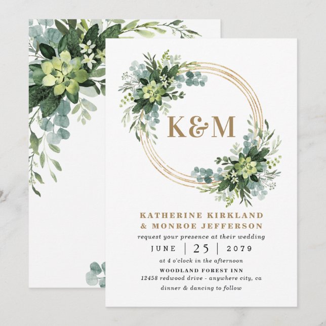 Succulent Eucalyptus Elegant Boho Greenerity Weddi Einladung (Vorne/Hinten)