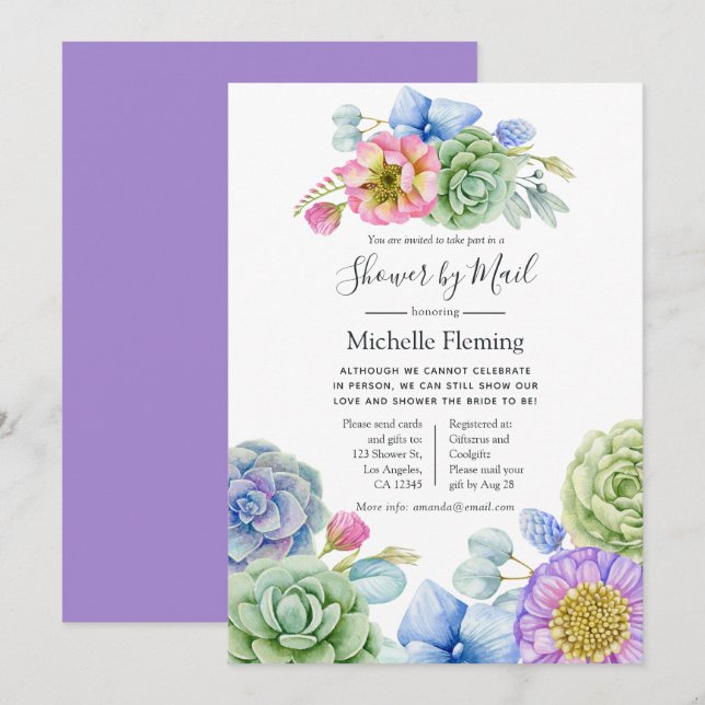 Succulent floral Bridal oder Baby Show by Mail Einladung (Vorne/Hinten)