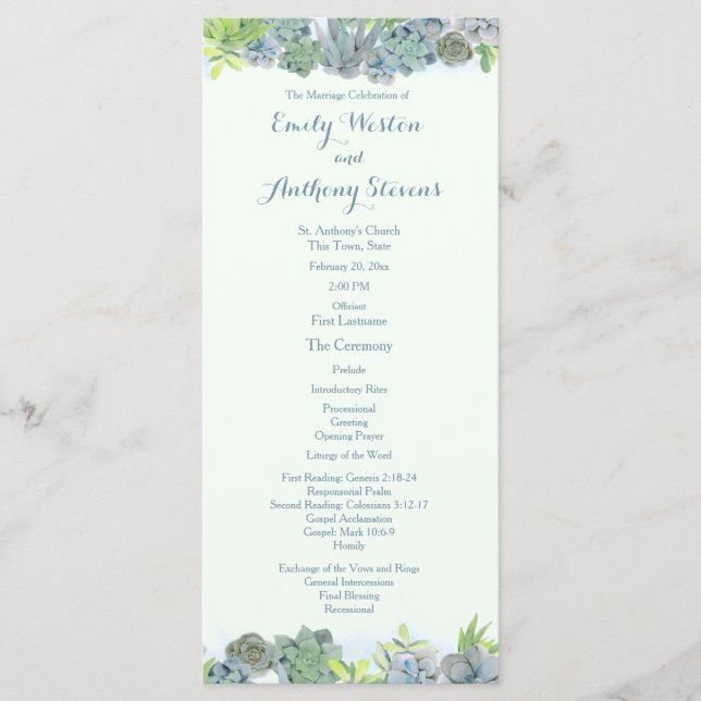 Succulent Garden Steel Blue Wedding Programme (Devant)