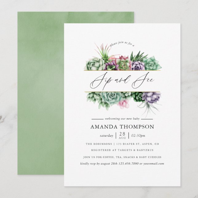 Succulent Geometric Baby Shower Side und siehe Einladung (Vorne/Hinten)