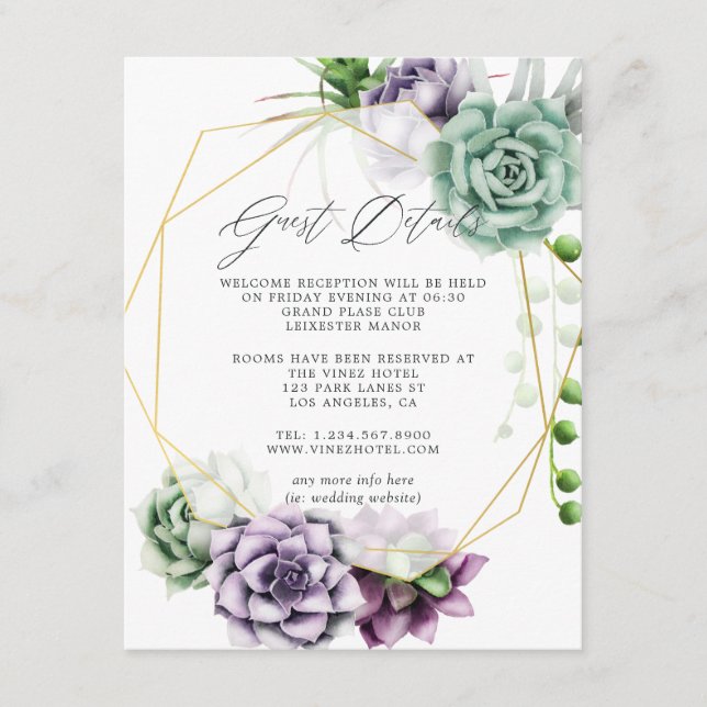 Succulent Geometric Wedding Guest Details Begleitkarte (Vorderseite)