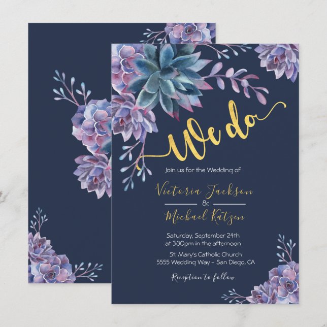 Succulent Gold Navy Aquarelle invitations mariage (Devant / Derrière)
