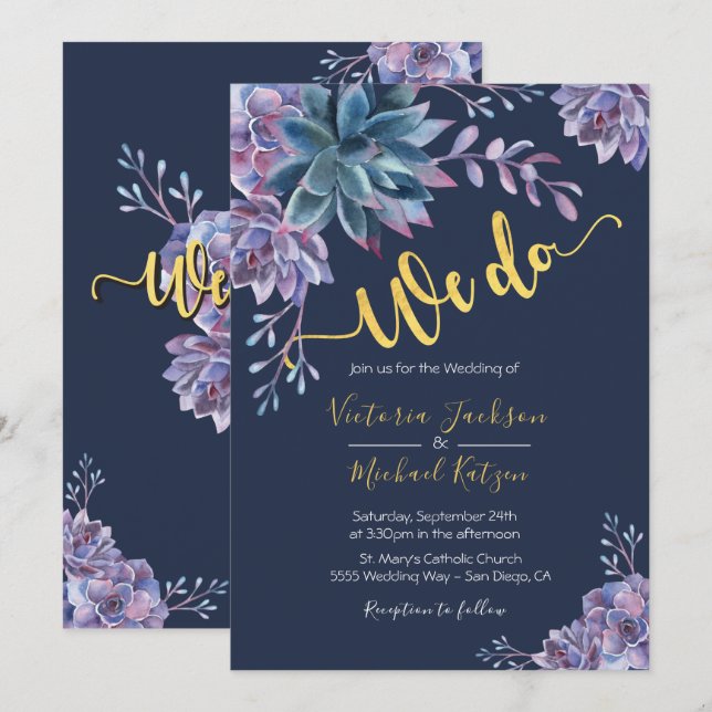 Succulent Gold Navy Aquarelle invitations mariage (Devant / Derrière)