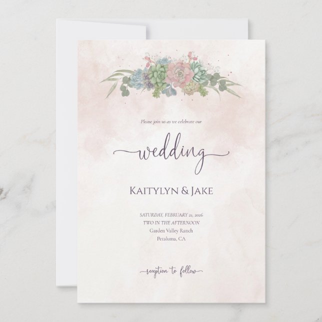 Succulent Green and Blush Wedding Invitation Einladung (Vorderseite)
