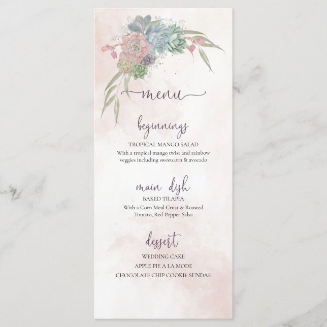 Succulent Green and Blush Wedding Menu Menükarte (Vorderseite)