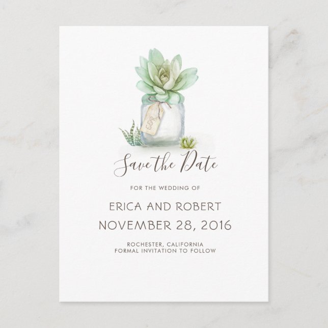 Succulent Mason Jar Rustikal Save the Date Ankündigungspostkarte (Vorderseite)