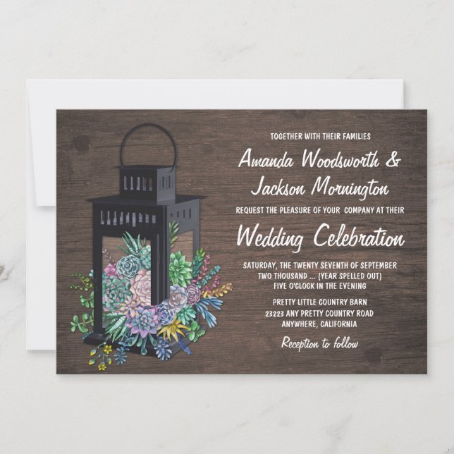 Succulent Rustique Lanterne de bois Invitations de (Devant)