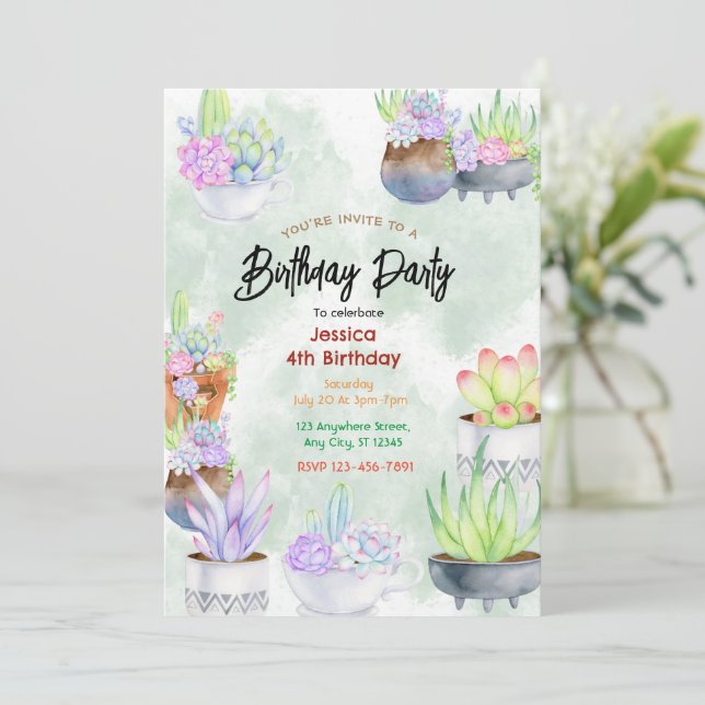 Succulent Soiree: Chic Birthday Einladung (Stehend Vorderseite)