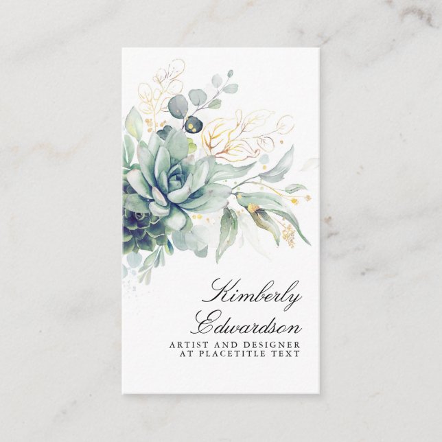 Succulents and Gold Greenery Elegant Boho Foliage Visitenkarte (Vorderseite)