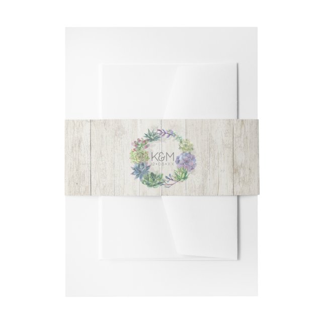 Succulents and Rustic Wood Wedding Wreath ID515 Einladungsbanderole (Vorderseite Beispiel)