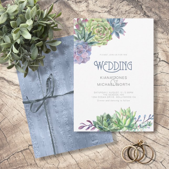 Succulents and Sparkle Wedding Blue ID515 Einladung (Von Creator hochgeladen)