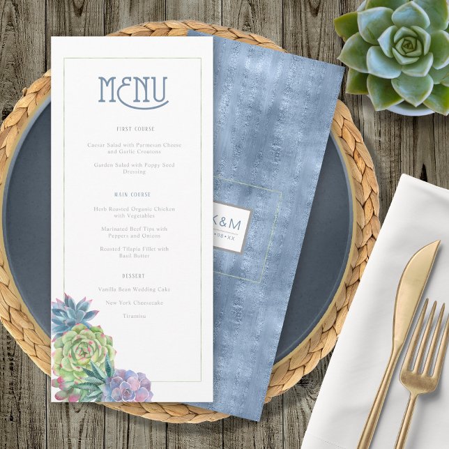 Succulents and Sparkle Wedding Menu Blue ID515 Menükarte (Von Creator hochgeladen)