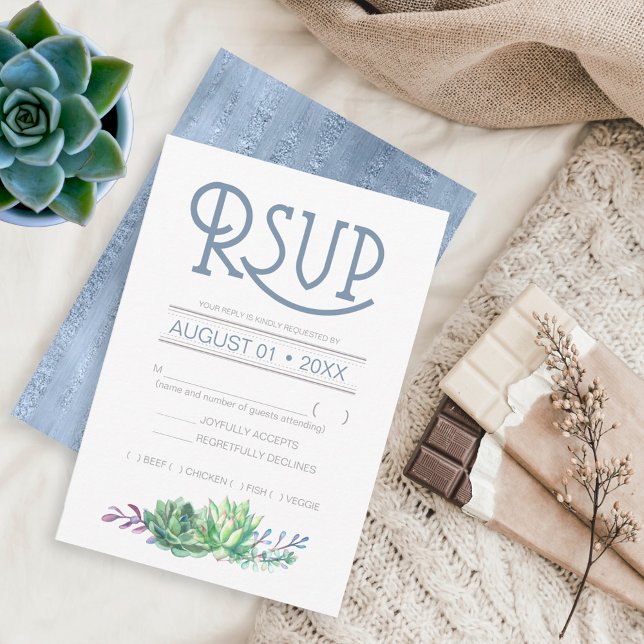 Succulents and Sparkle Wedding RSVP Blue ID515 Karte (Von Creator hochgeladen)