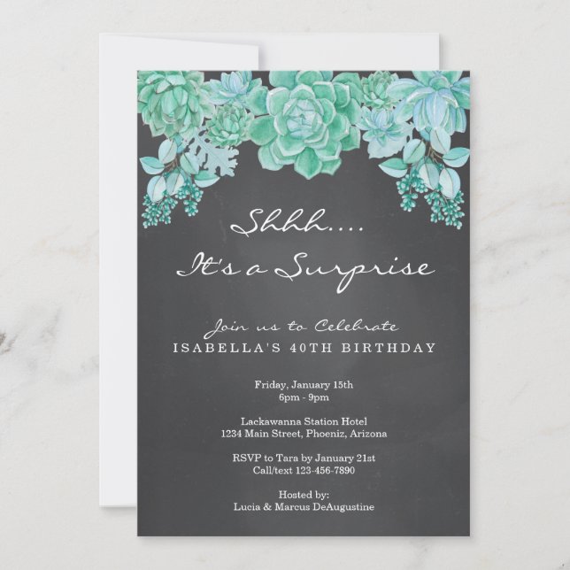 Succulents Chalkboard Surprise Party Invitation (Devant)