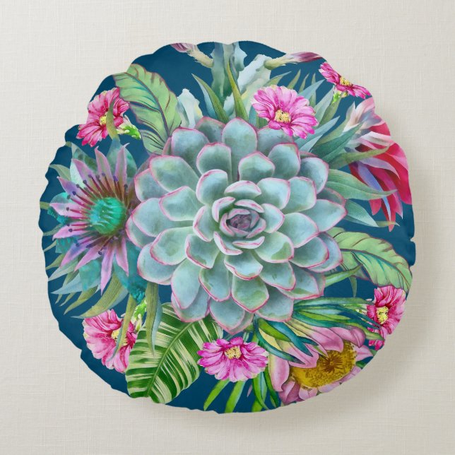 Succulents Echeveria Cactus Blume Pattern Rundes Kissen (Vorderseite)