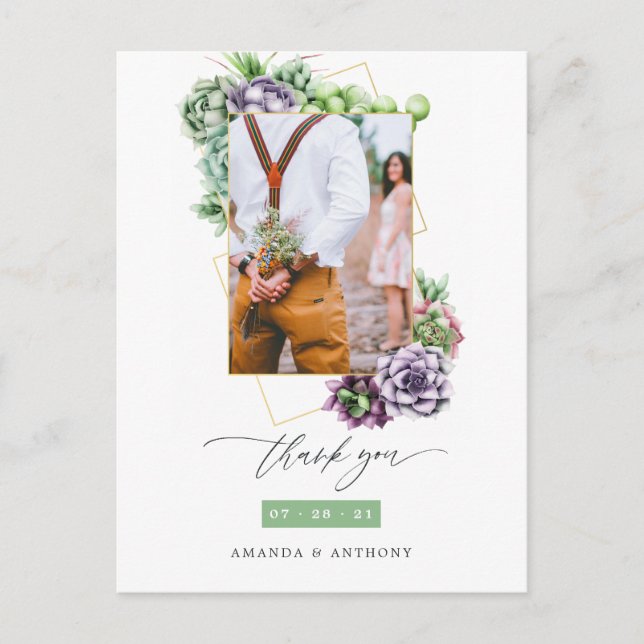 Succulents Geometric Wedding Foto Vielen Dank Postkarte (Vorderseite)