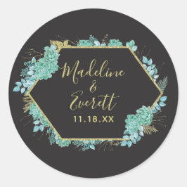 Succulents Gold Frame Any Color Monogram Wedding Runder Aufkleber