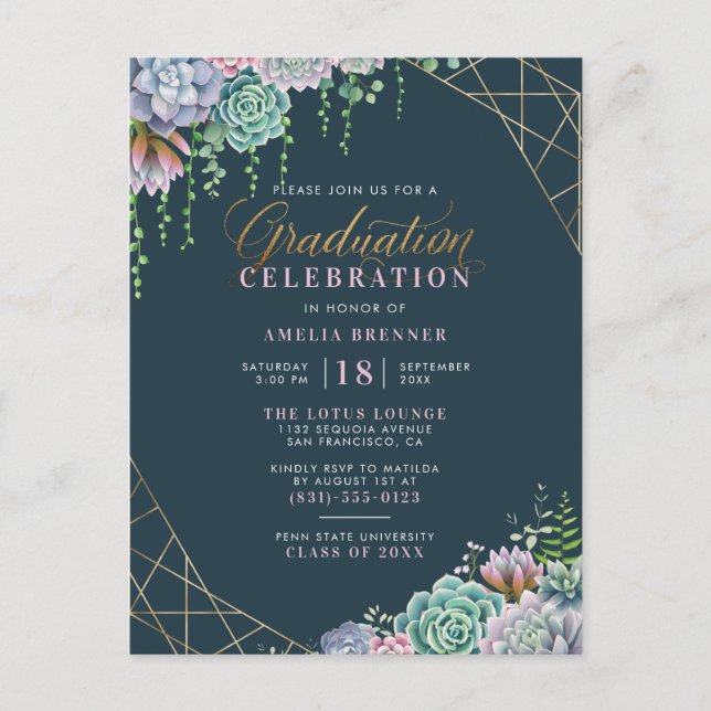 Succulents & Gold Glitzer Script Graduation Party Einladungspostkarte (Vorderseite)