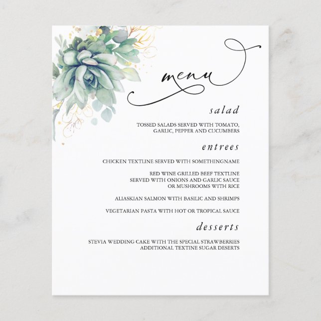 Succulents Gold Greenerity Wedding Menu Flyer (Vorne)