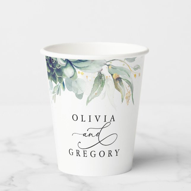 Succulents Gold Greenery Elegante Moderne Hochzeit Pappbecher (Vorderseite)