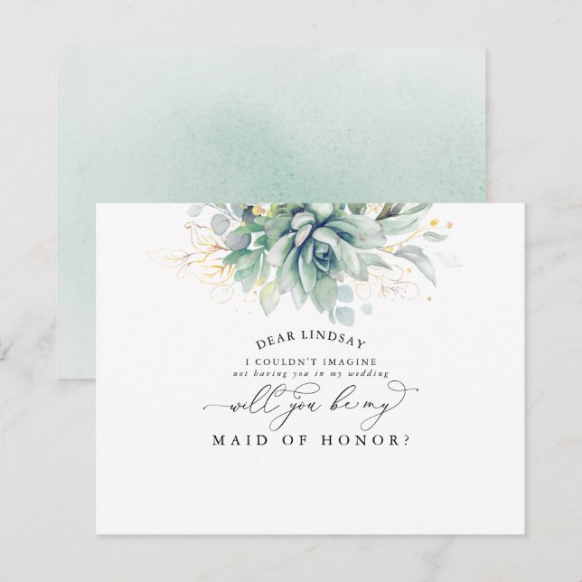 Succulents Green Gold Leaf Bridesmaid Vorschlag Einladung (Vorne/Hinten)