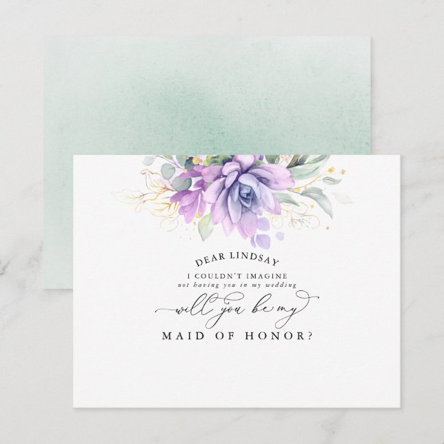 Succulents Green Gold Leaf Bridesmaid Vorschlag Einladung (Vorne/Hinten)