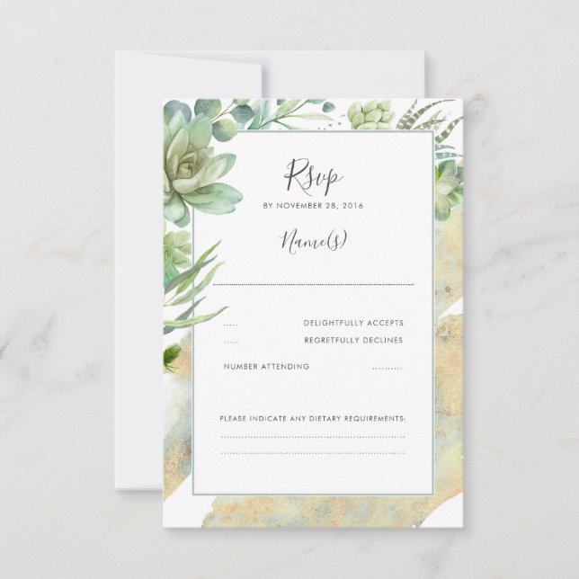 Succulents Green Gold Moderne Wedding RSVP (Vorderseite)