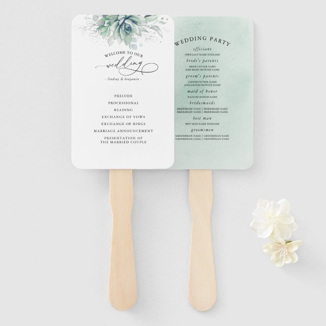 Succulents Green Wedding Program Hand Fan Fächer (Vorne und Hinten)