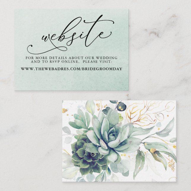 Succulents Green Wedding Website Card Visitenkarte (Vorne/Hinten)