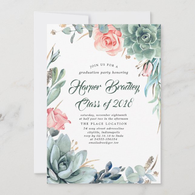 Succulents Greeneration and Pink Rose Graduation P Einladung (Vorderseite)