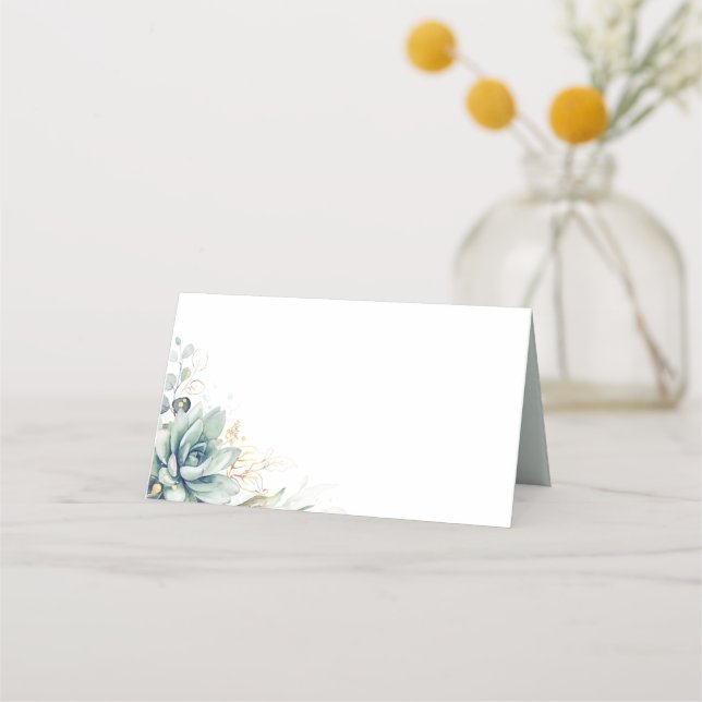 Succulents Greenerge Gold Blätter Hochzeit Platzka Platzkarte (Vorderseite)