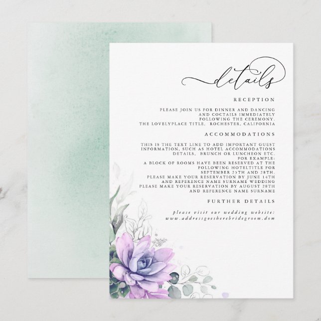 Succulents Greenerge Gold Blätter Hochzeitsszenier Begleitkarte (Vorne/Hinten)