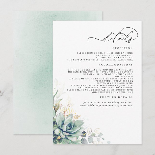 Succulents Greenerge Gold Blätter Hochzeitsszenier Begleitkarte (Vorne/Hinten)