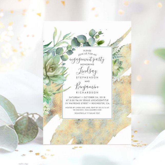 Succulents Greenerge Gold Wasserfarben Verlobung Einladung (Succulents Greenery Engagement Party Invitations)