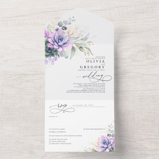 Succulents Greenerity and Gold Blätter Wedding All In One Einladung (Innen Boden)
