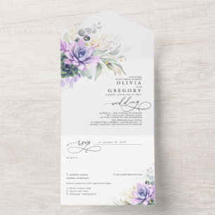 Succulents Greenerity and Gold Blätter Wedding All In One Einladung