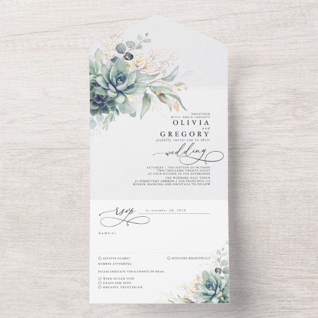 Succulents Greenerity and Gold Blätter Wedding All In One Einladung (Innen Boden)